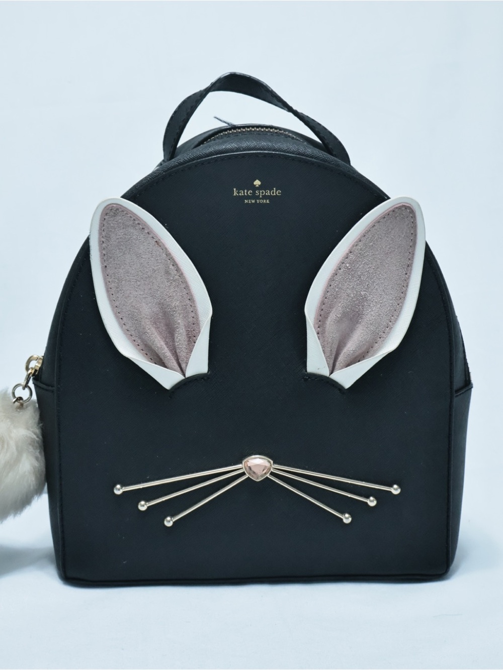 Kate Spade Black Bunny-Ear Mini Backpack with Pink Ear Accents